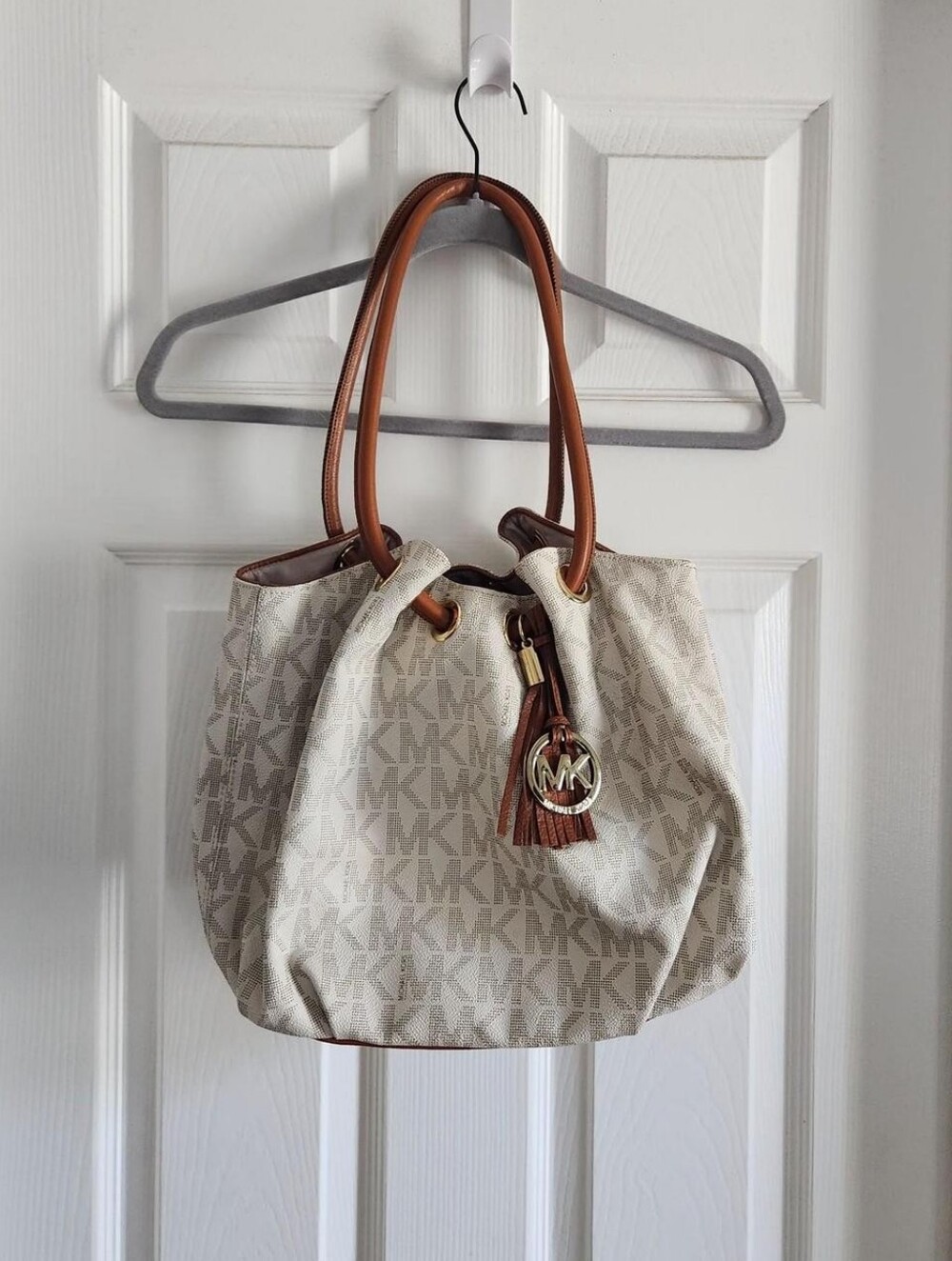 Michael Kors Cream Signature Drawstring Tote Bag with Brown Handles